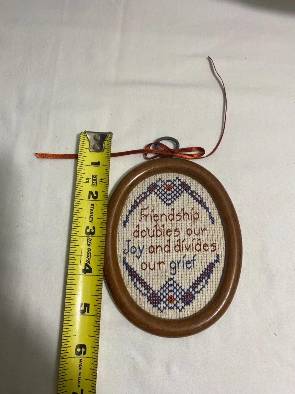 Vintage Framed Cross Stitch Friendship Wall Hanging Wooden Oval Frame Handmade